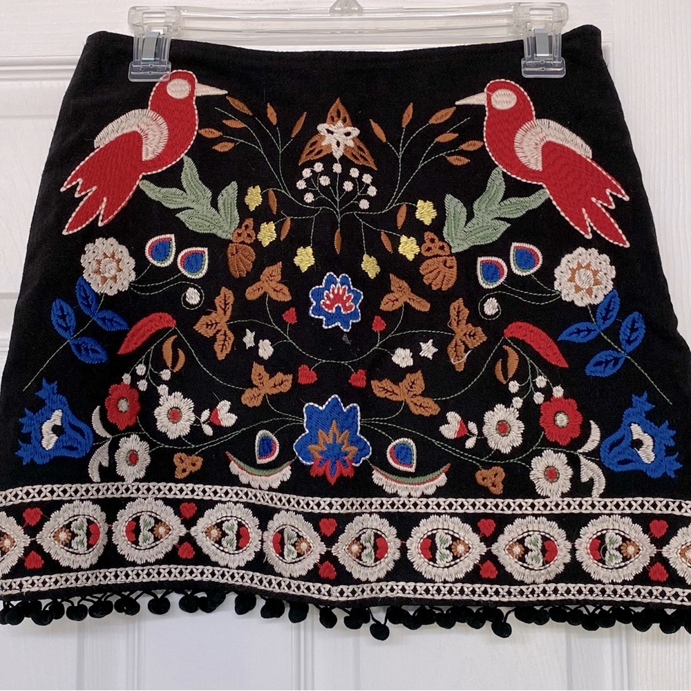 Umgee Black Embroidered Mini Skirt with Red & Blue Floral Motif